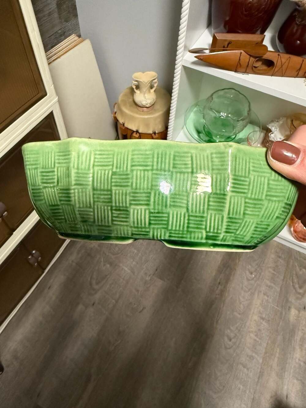 Vintage Oval Green Planter USA Scalloped Rim Basket Weave Design